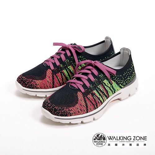 【WALKING ZONE】飛線氣墊慢跑鞋 彩虹針織運動鞋 情侶鞋(男款)-紫