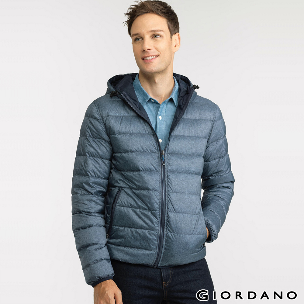 GIORDANO 男裝90%羽絨雙面穿修身連帽輕羽絨外套- 98 牛仔藍