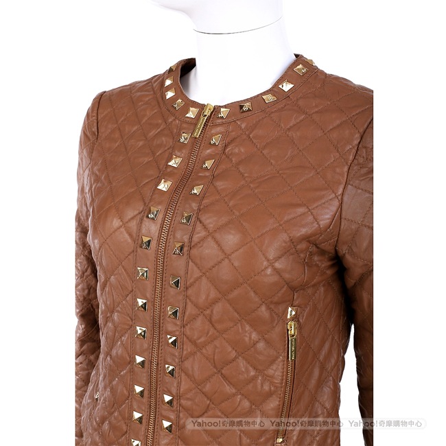 MICHAEL KORS 棕色菱格紋鉚釘裝飾皮衣外套