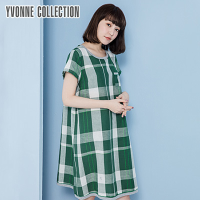 YVONNE棉麻格紋短袖洋裝- 綠
