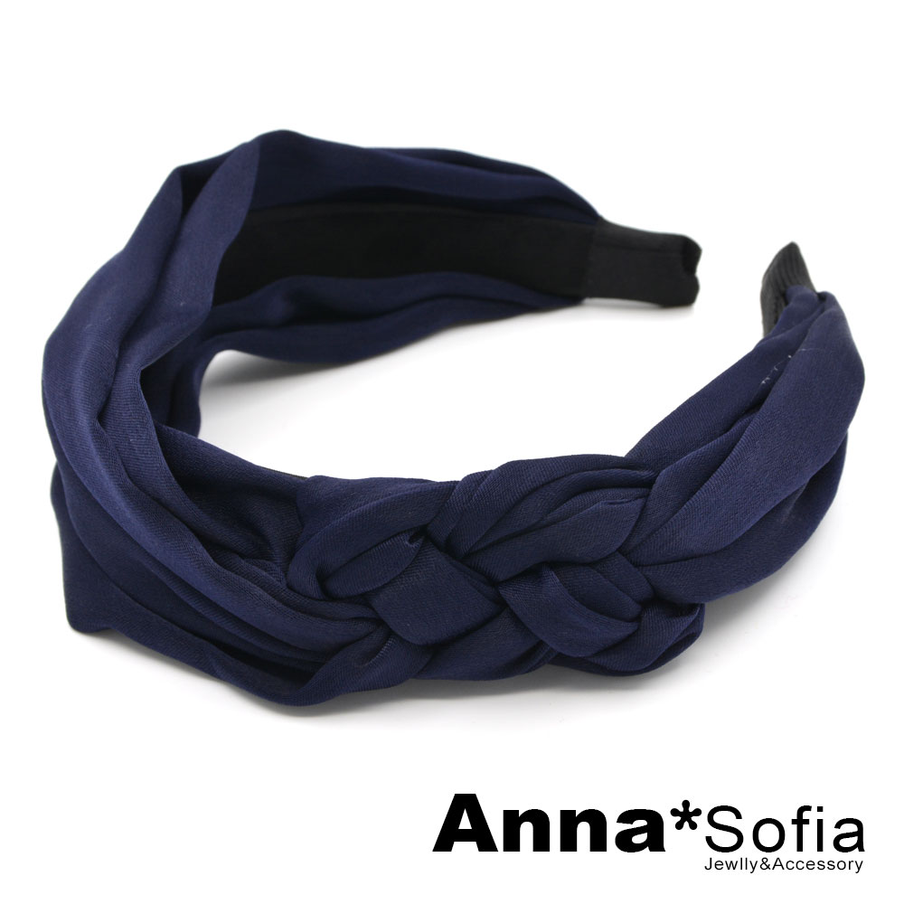 AnnaSofia 緞面交叉編麻花側結 韓式髮箍(深藍系)
