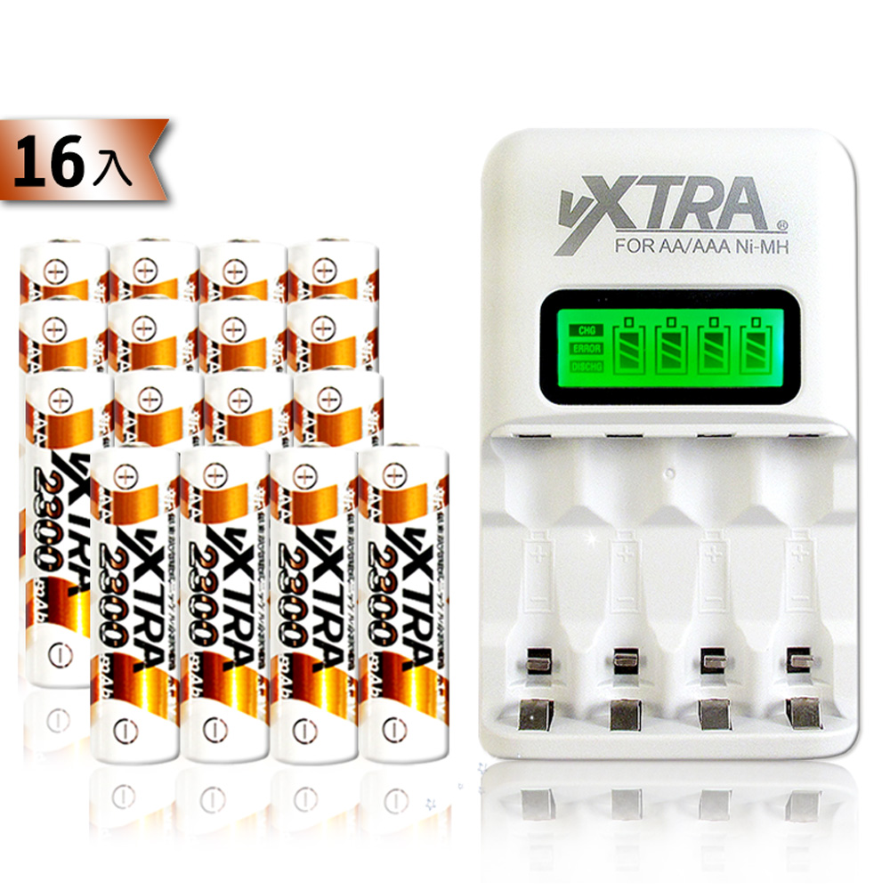 VXTRA飛創 LCD 2.4A急速充電器+3號高容量2300mAh低自放電池(16顆入)