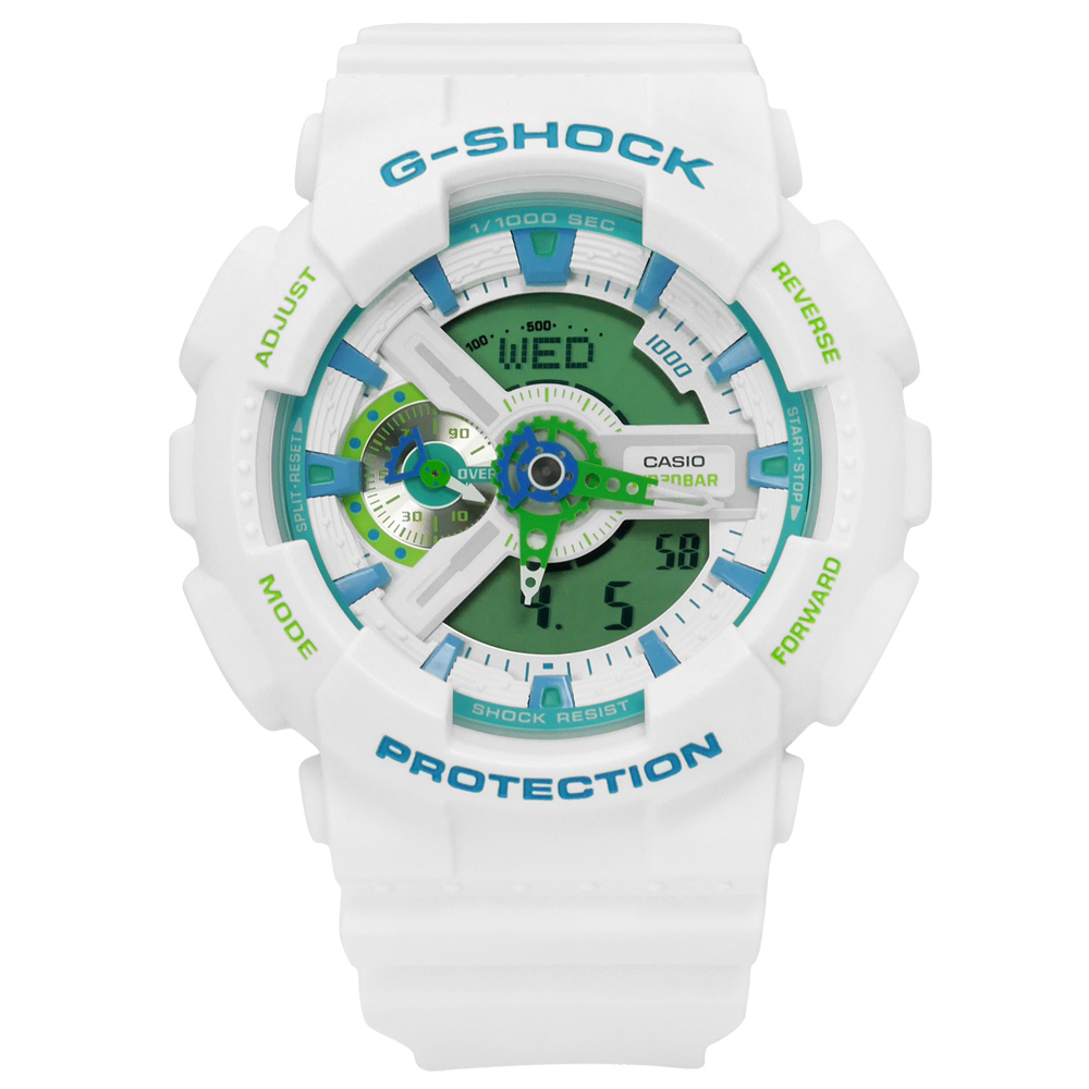 G-SHOCK 夏日涼爽指針數位雙顯橡膠手錶(GA-110WG-7A)-白綠色/51mm