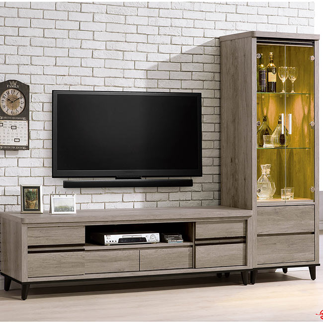 H&D 莉比絲古橡木色8尺L型電視櫃組(寬244X深49X高185cm)