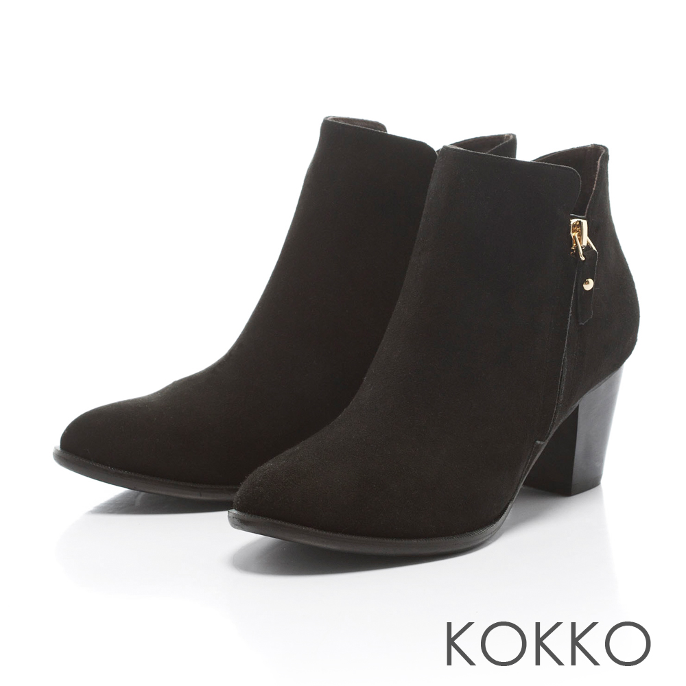 KOKKO - 極簡顯瘦拉鍊真皮粗高跟踝靴 - 霧黑
