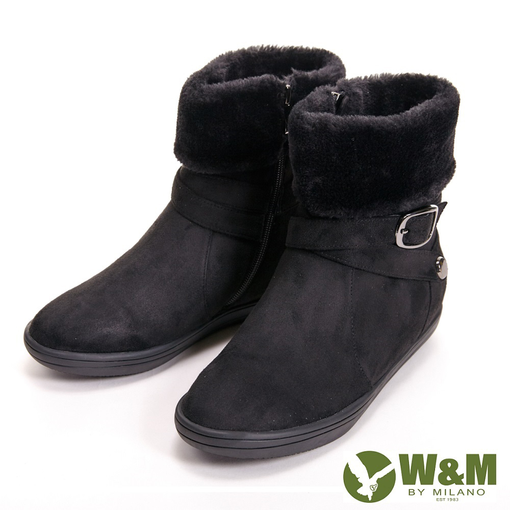 【W&M】經典毛絨反摺造型拉鍊式中筒 女靴-黑(另有藍)