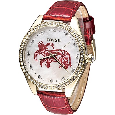FOSSIL 牛轉乾坤中國風仕女腕錶(ES2165)-香檳金框/暗紅/42mm