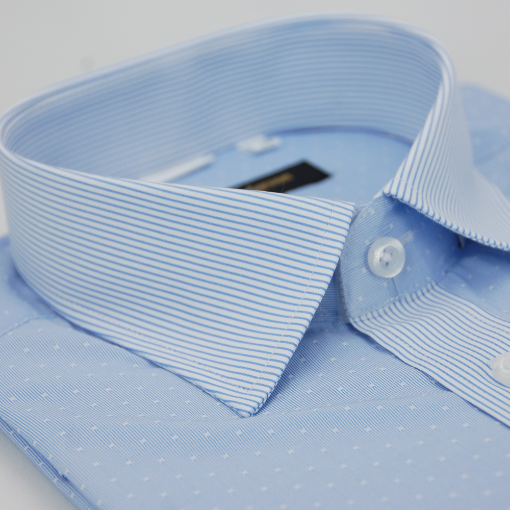 金安德森 白點藍細紋變化領紋窄版短袖襯衫