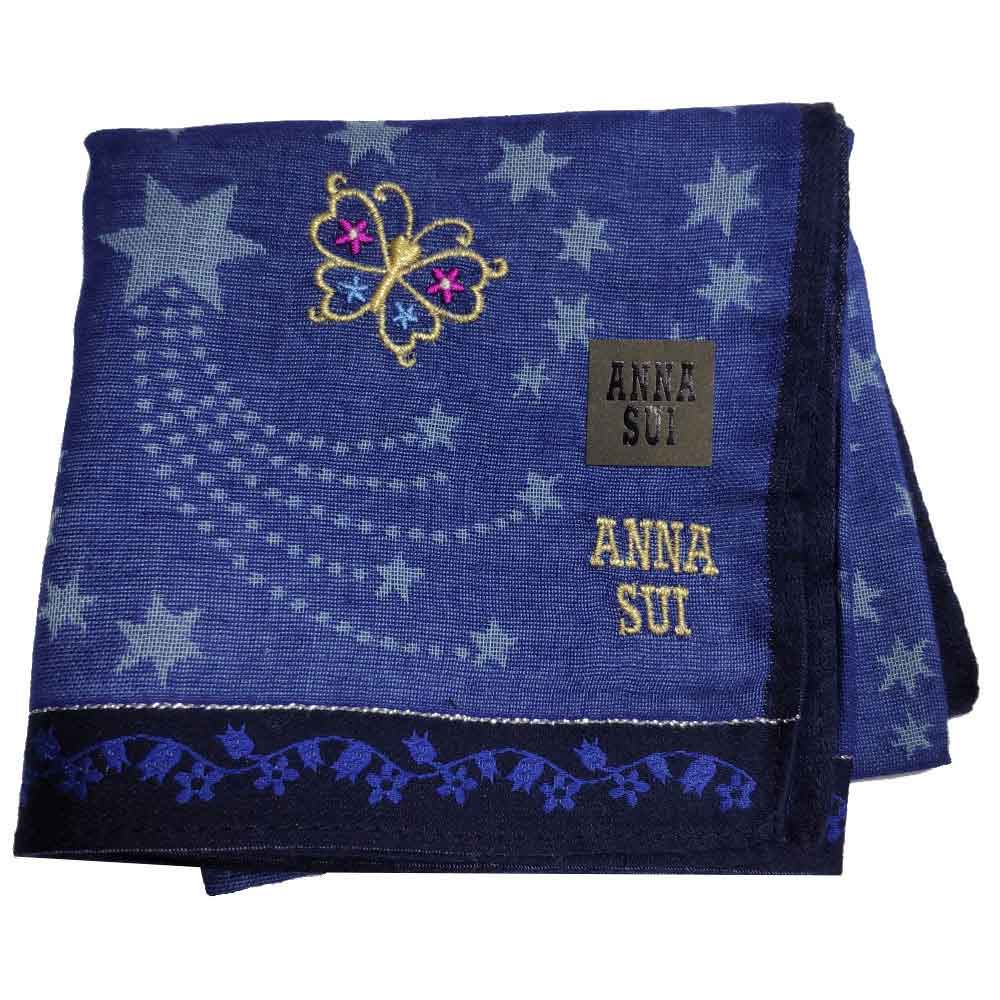 ANNA SUI 繽紛星空可愛蝴蝶字母LOGO刺繡帕領巾(丹寧色系)