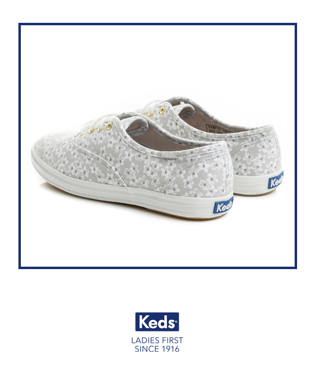 Keds CHAMPION粉嫩印花經典綁帶休閒鞋-淺灰