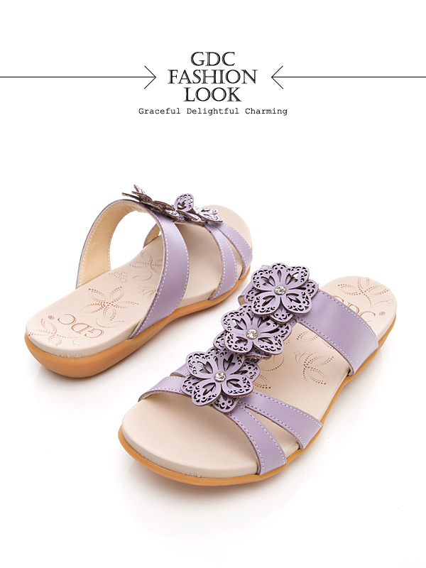 GDC-真皮花朵舒適軟底拖鞋-紫色