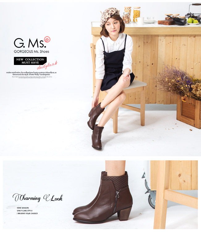 G.Ms. 牛皮拼接魚鱗造型粗跟踝靴-咖啡