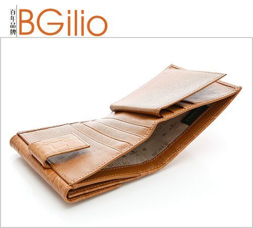 義大利BGilio - 亮麗鱷魚紋牛皮短夾-駝色1453.318