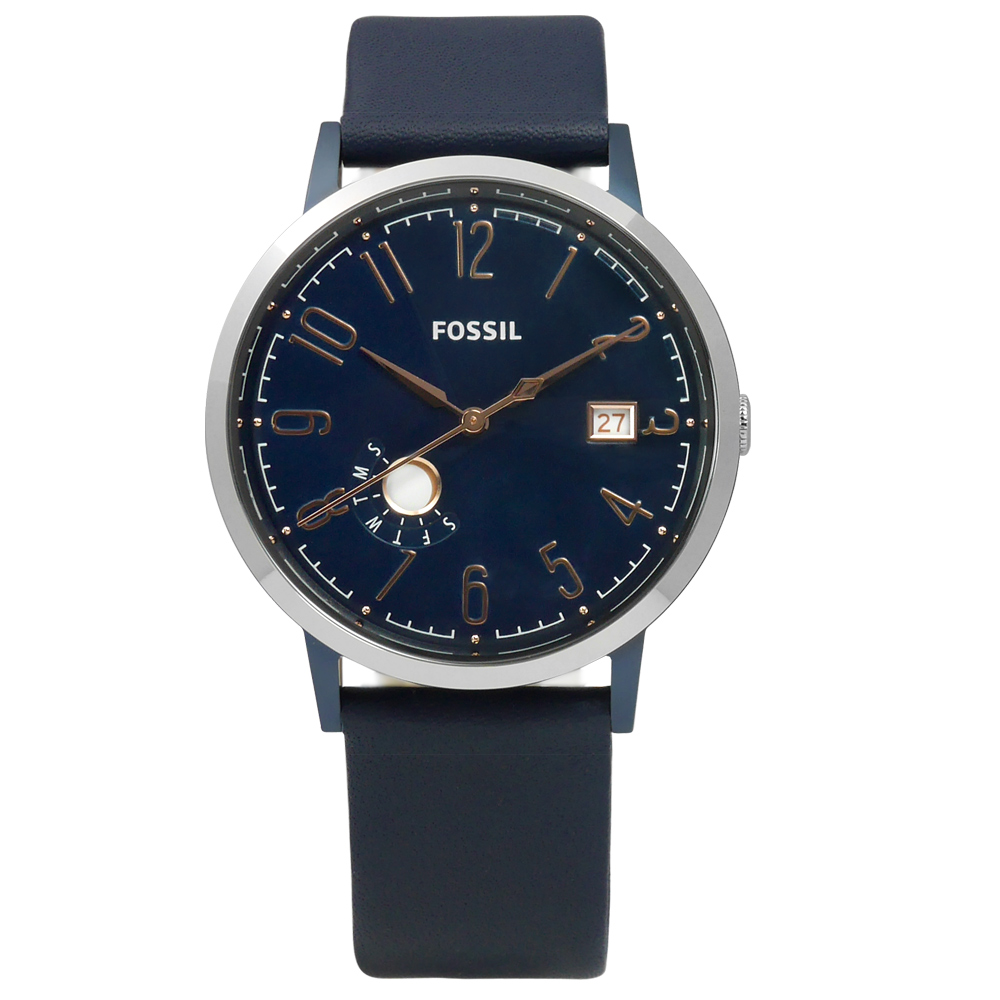 FOSSIL Vintage Muse 復古繆斯女神日期星期真皮女錶-深藍色/39mm