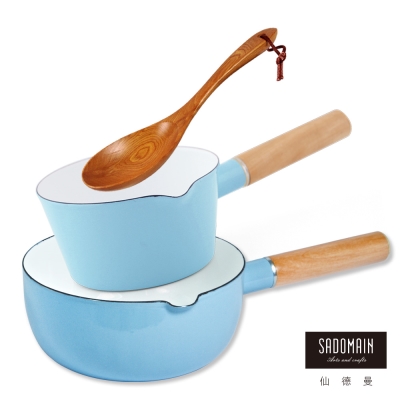 仙德曼 SADOMAIN  琺瑯牛奶鍋(藍)+琺瑯雪平鍋(藍)＋原木手工菜匙－三件組