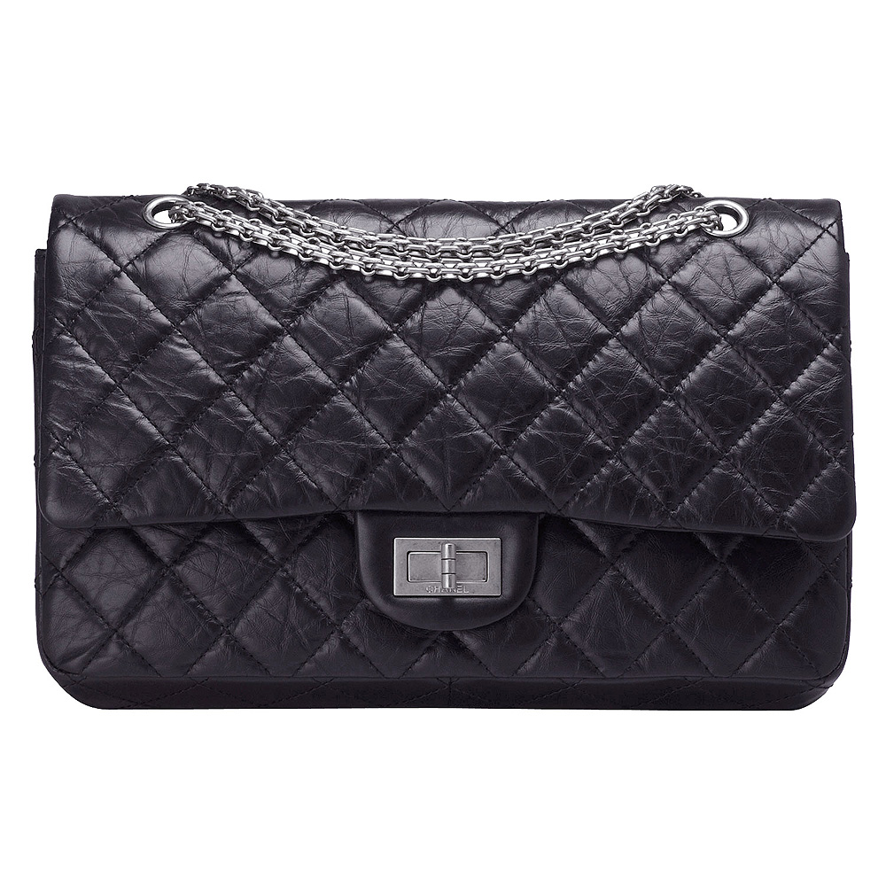 CHANEL 復刻菱格紋小牛皮鎖釦銀鍊2.55包(深紫-31.5cm)