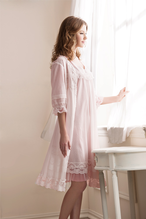 羅絲美睡衣 - 春之旋律蕾絲五分袖洋裝外罩衫 (甜美粉)