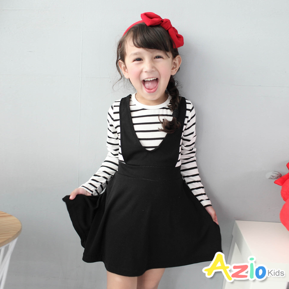 Azio Kids 童裝-洋裝 條紋假兩件吊帶長袖洋裝(黑)