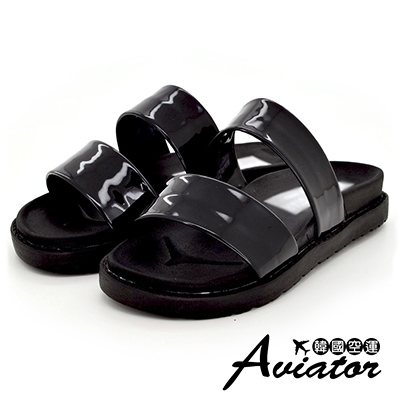 Aviator韓國空運-正韓製雙帶漆皮輕量減壓厚底涼拖-黑