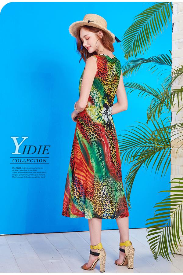 YIDIE衣蝶-熱帶叢林豹紋綁帶無袖長洋裝