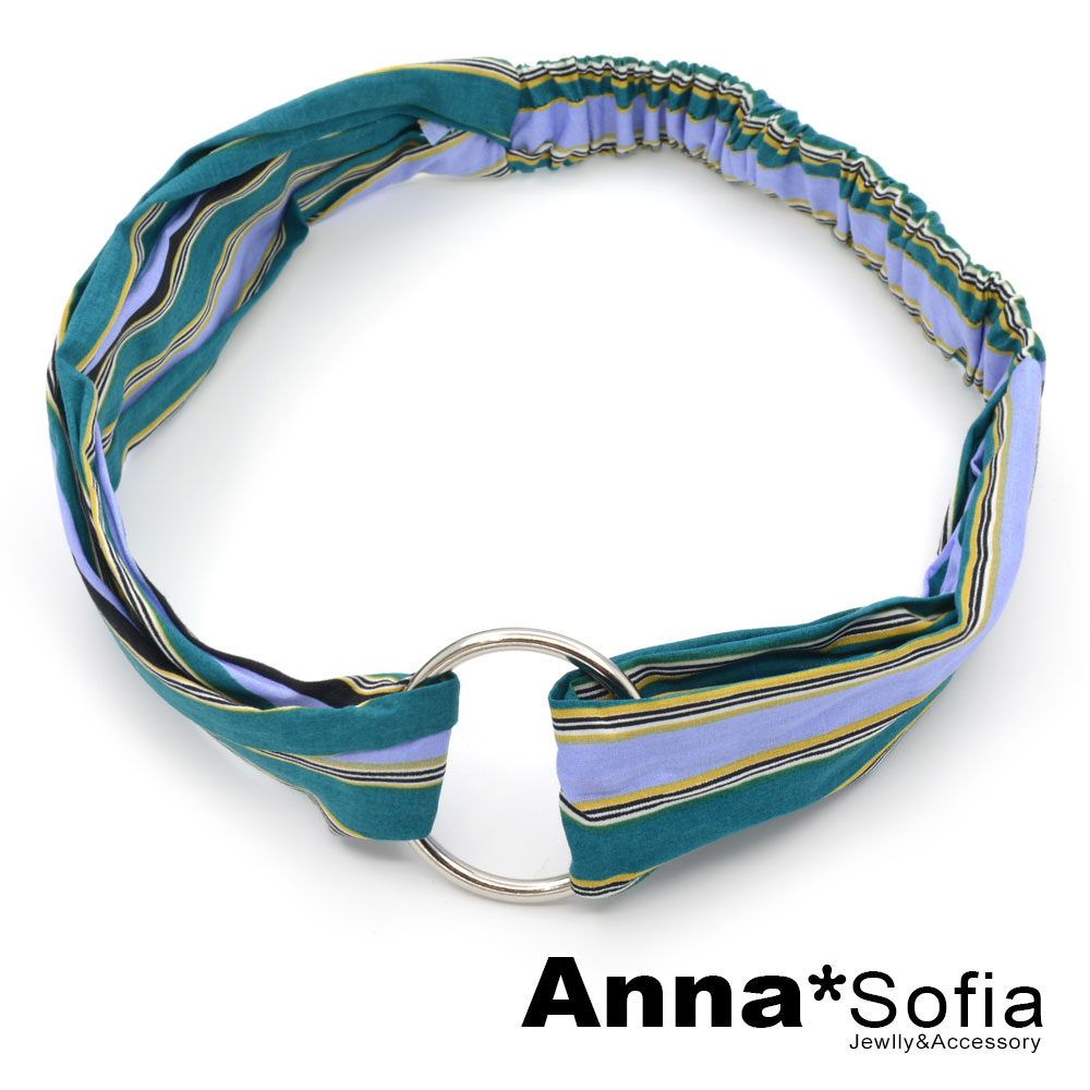 AnnaSofia 側空圈環雙色直條 超寬彈性髮帶(淺藍+綠系)