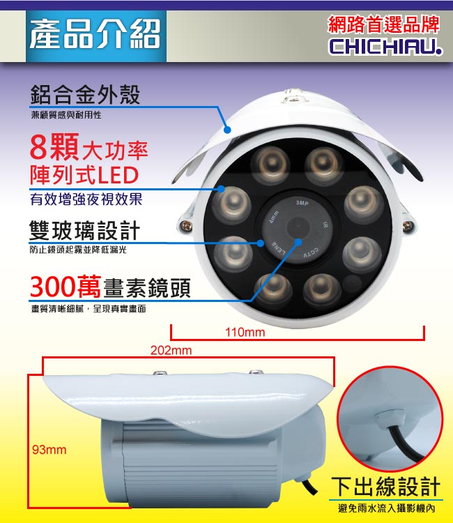 監視器攝影機 - 奇巧 AHD 720P SONY 130萬1200條雙模切換八陣列燈夜視攝影機