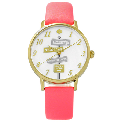 kate spade Metro 紐約時尚品味指標真皮手錶-白x金框x螢光粉/34mm