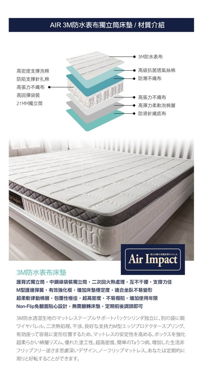 日本直人AIR床墊 3M防水表布/高回彈袋裝獨立筒/3D網透氣邊帶/3.5尺單人床墊