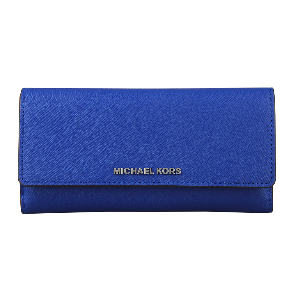 MICHAEL KORS JET SET TRAVEL銀字防刮皮革雙面釦式長夾(電光藍)