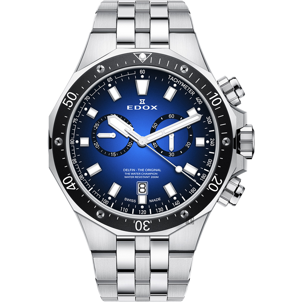 EDOX Delfin 水上冠軍專業200米防水計時碼錶-藍x黑錶圈/43mm
