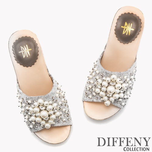 DN 唯美巴黎 鑽飾珍珠點綴楔型涼拖鞋-灰