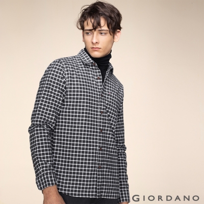 GIORDANO 男裝純棉磨毛修身單口袋長袖襯衫 - 11 灰/白格子