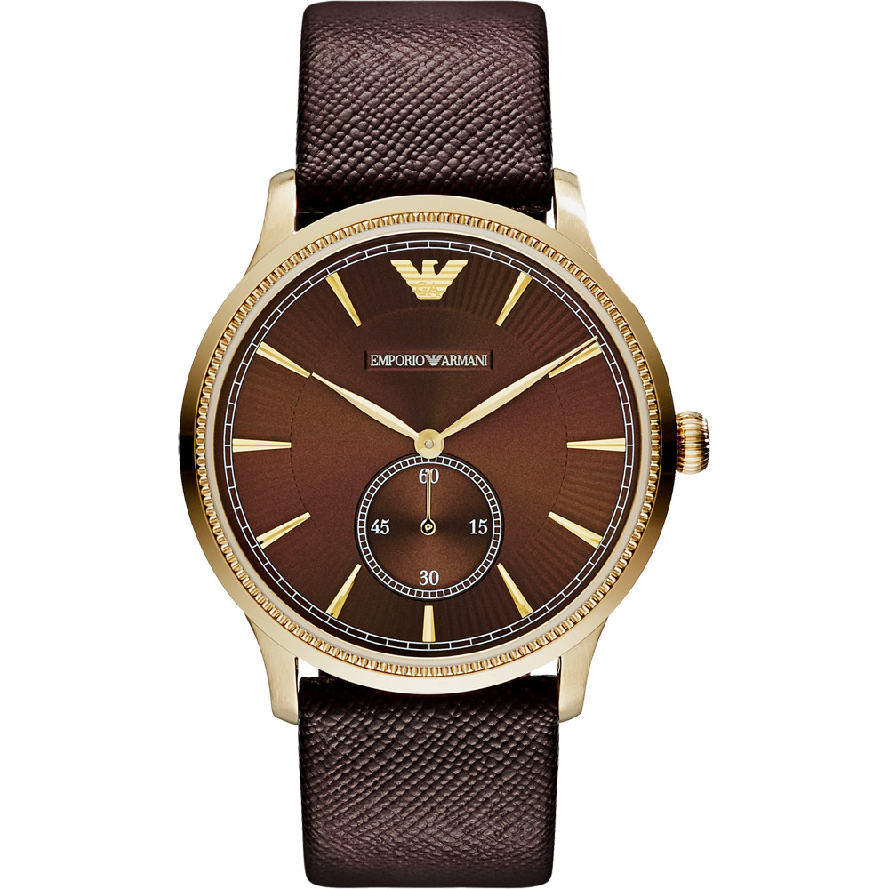 ARMANI Classic 爵士時尚小秒針腕錶-咖啡x金框/38mm