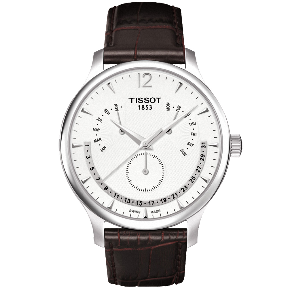 TISSOT Tradition 逆跳星期萬年曆石英腕錶-白/42mm