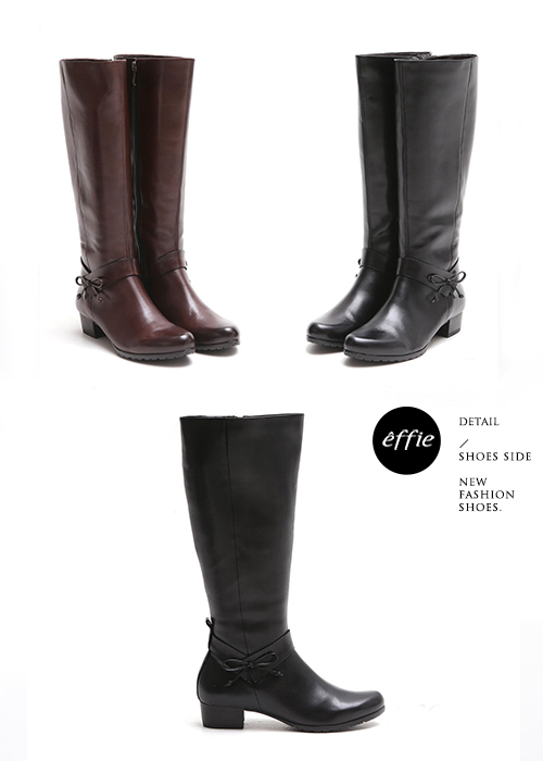 effie 都會風情 素色蠟感真皮低跟長靴 黑