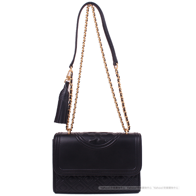TORY BURCH Fleming 菱格紋車縫流蘇飾鍊帶包(小/黑色)