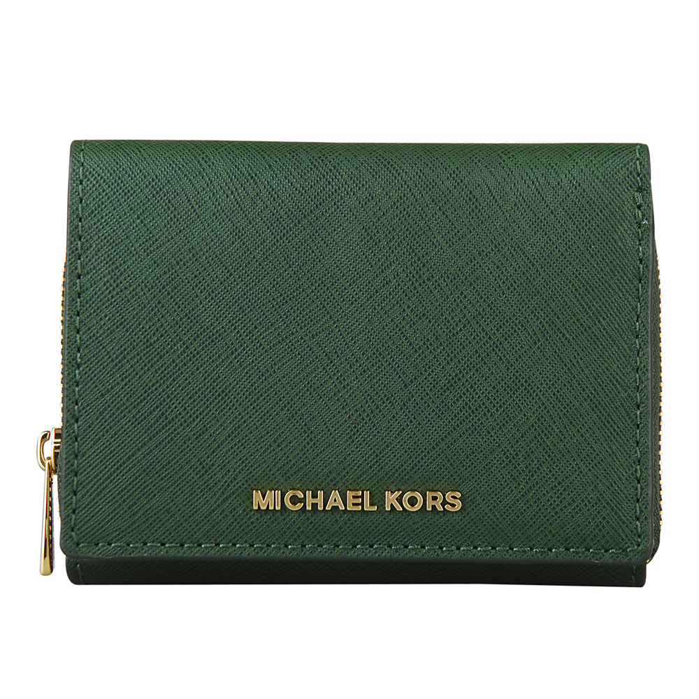 MICHAEL KORS JET SET TRAVEL金字防刮牛皮扣式對折短夾(蘚綠)