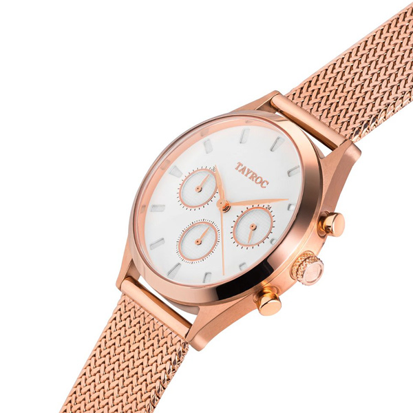 TAYROC 英式風尚米蘭帶計時手錶-白X玫瑰金/36mm