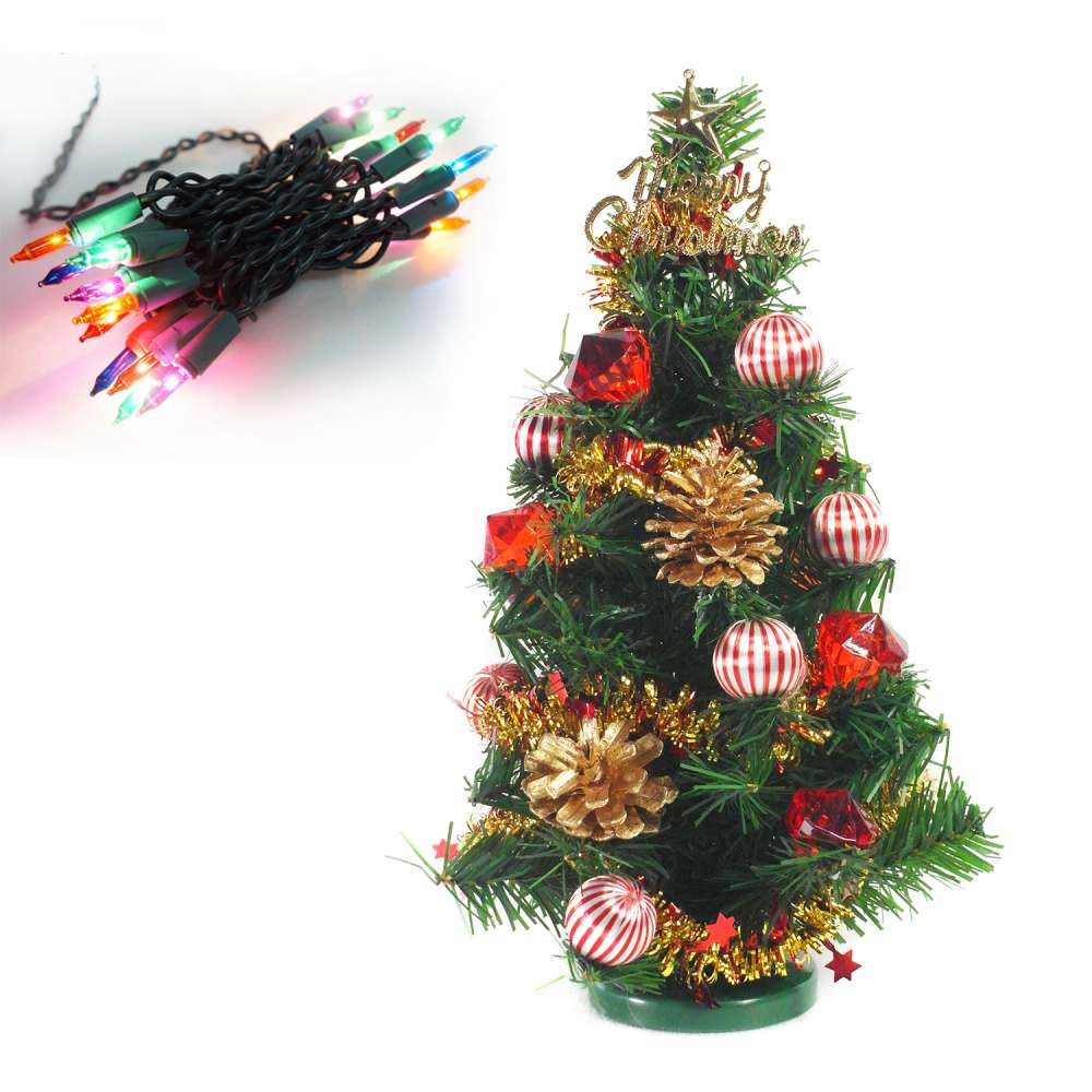 台製1尺(30cm)裝飾綠聖誕樹(紅寶石金松果系)+20燈鎢絲燈串