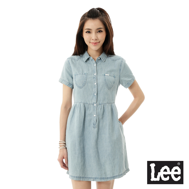Lee 牛仔短袖洋裝-女-淺藍