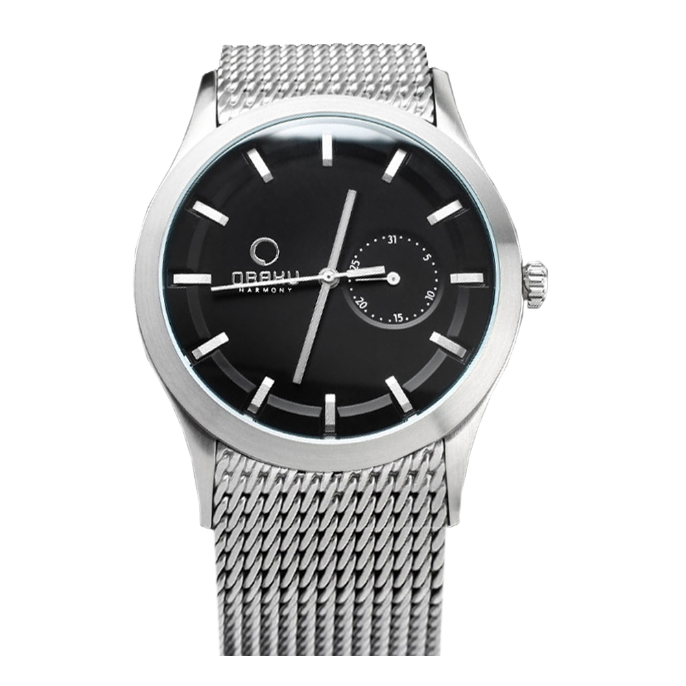 OBAKU 極簡時刻日期米蘭帶腕錶-銀框黑面/41.5mm