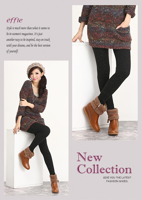 effie 心機美型 真皮毛呢流蘇內增高奈米短靴 茶