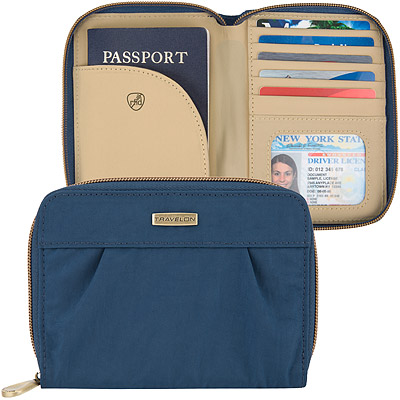 TRAVELON Signature摺紋拉鍊防護證件護照夾(藍)