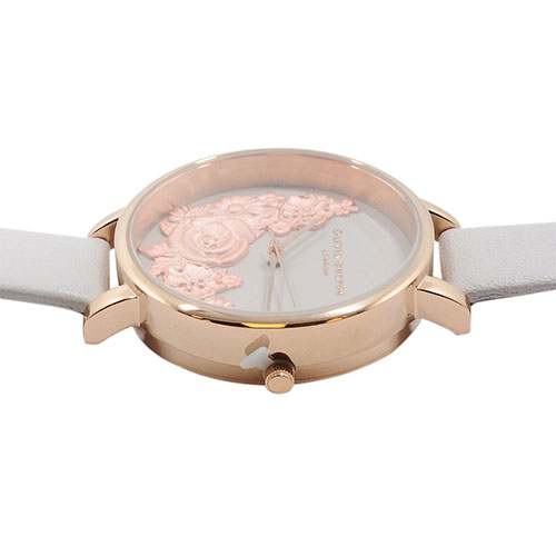 Olivia Burton 3D立體香花 白色真皮錶帶 玫瑰金錶框手錶-38mm