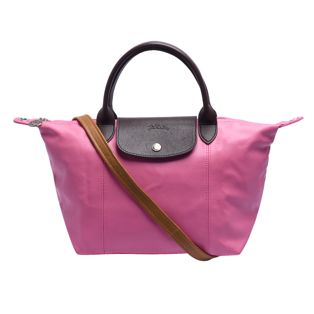 LONGCHAMP Personalized撞色混羊皮短把手提/斜背包(小-泡泡粉X咖啡)