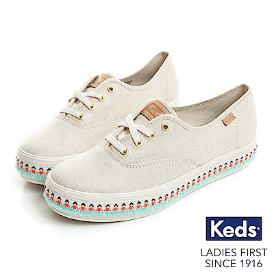 Keds TRIPLE 渡假旅程厚底綁帶帆布鞋-米/金