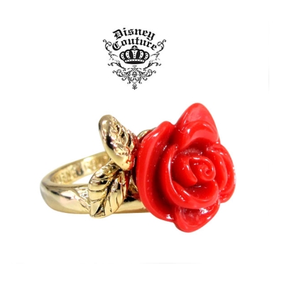 迪士尼 DISNEY COUTURE 白雪公主 紅玫瑰花戒指 小朵 鑲白水晶 金葉子