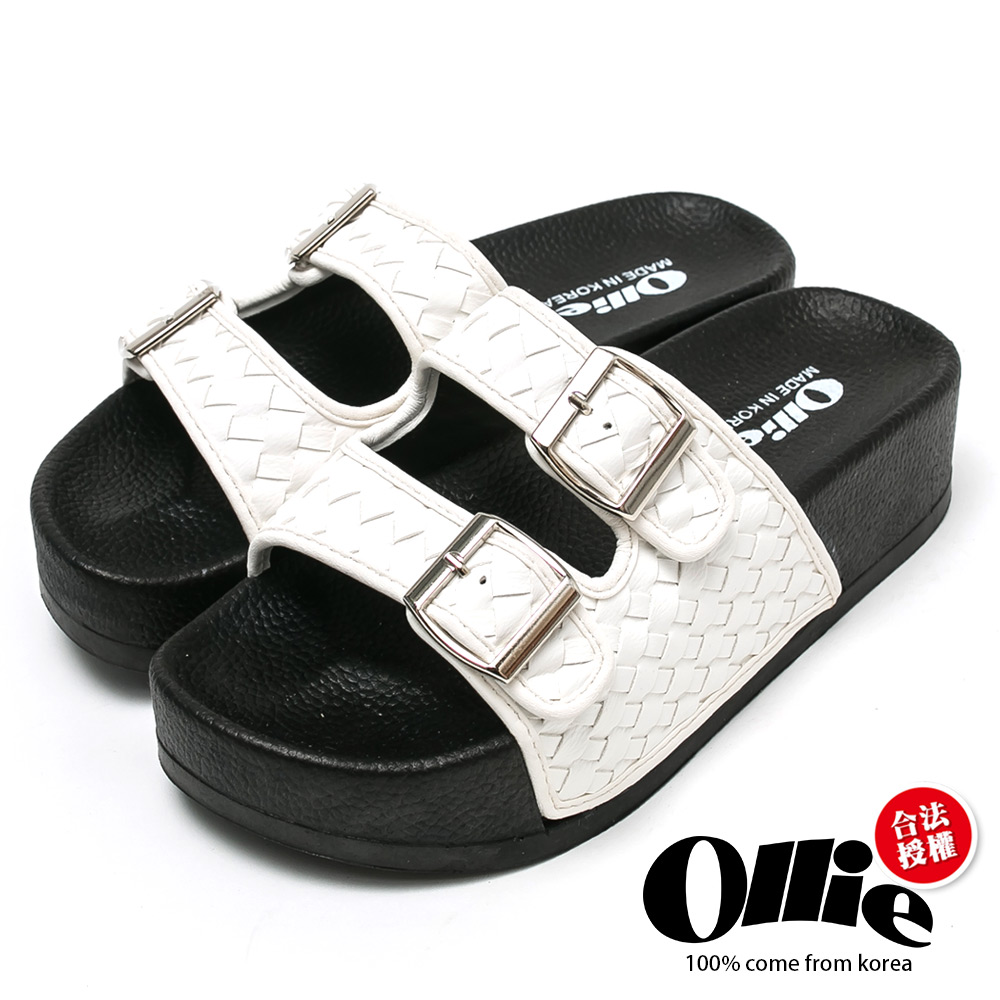 Ollie韓國空運-正韓製皮革編織銀釦雙帶厚底涼拖鞋-白