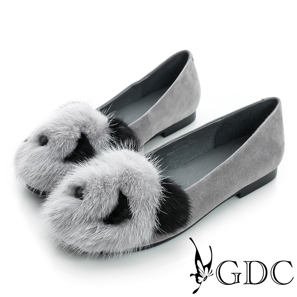 GDC百搭-熊貓造型絨布面真皮平底娃娃鞋-槍灰色