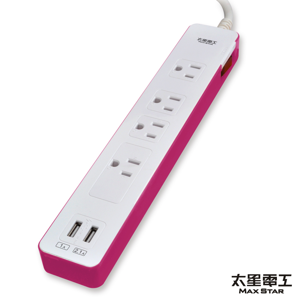 太星電工速充寶彩色3.1A 2USB/3P一開四插電腦線6尺(橙.紅.綠)